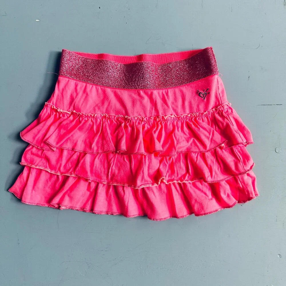 Justice Girls Size 8 Pink Ruffle Skort Sparkle Waist Tiered Skirt Shorts